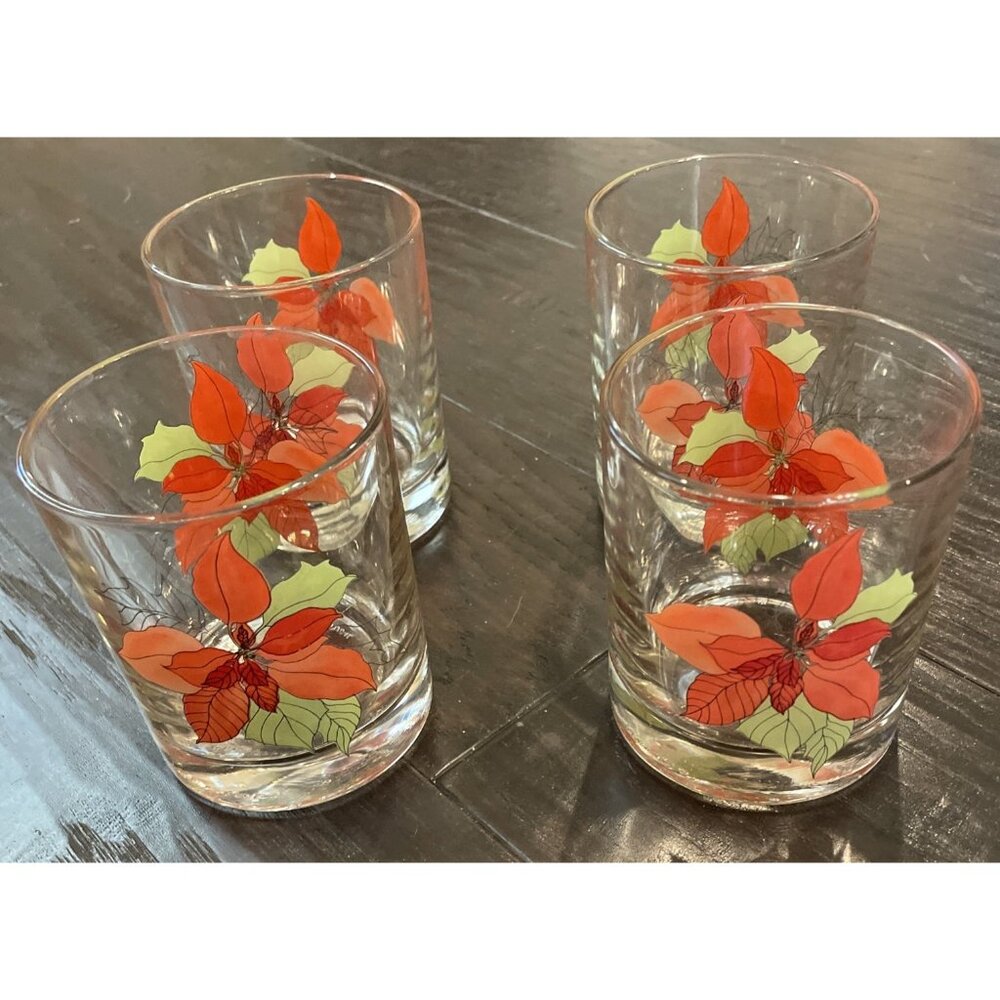 Block Spal Watercolors Poinsettia 4 Drinking Glasses Low‎ Ball Tumblers Vintage